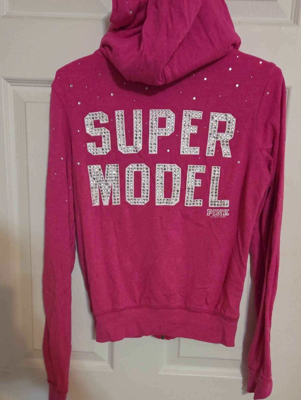 VINTAGE Y2K PINK Victoria's Secret Hot Pink XS 'SUPER MODEL' Rhinestone Hoodie